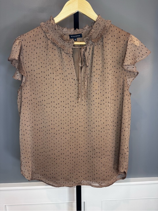 Pleione Tops - Pleione Brown Polka Dot Ruffle Blouse Flutter Sleeve Tie Neck M
